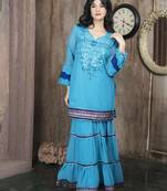 Blue embroidered georgette straight cut kurta sharara set
