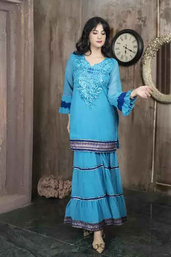 Blue embroidered georgette straight cut kurta sharara set