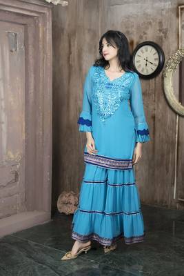 Blue embroidered georgette straight cut kurta sharara set 3