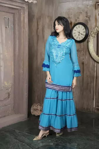 Blue embroidered georgette straight cut kurta sharara set