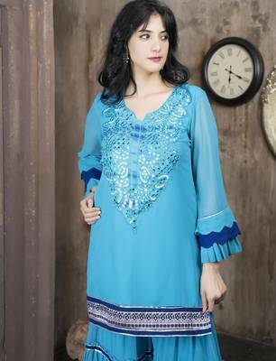 Blue embroidered georgette straight cut kurta sharara set 5