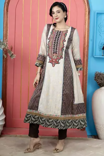 Beige embroidered silk anarkali kurta pants set