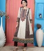 Beige embroidered silk anarkali kurta pants set