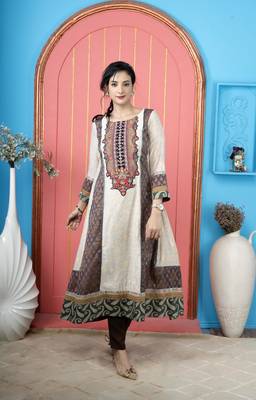 Beige embroidered silk anarkali kurta pants set 2