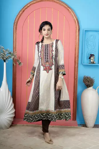 Beige embroidered silk anarkali kurta pants set