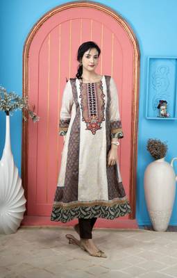Beige embroidered silk anarkali kurta pants set 3