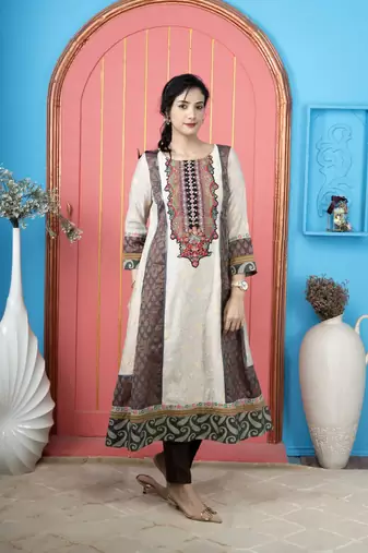Beige embroidered silk anarkali kurta pants set