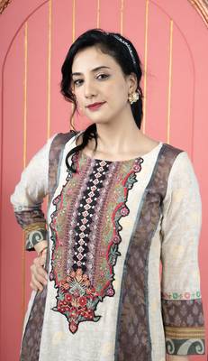 Beige embroidered silk anarkali kurta pants set 5