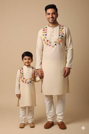 Navratri father-son cotton kurtas set.