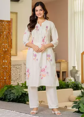  Women Floral Printed Pure Cotton Kurta with Trouser 1