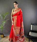 Red silk blend zari weaving butti kanchipuram saree