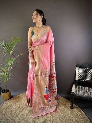 Rose pink silk Blend zari weaving butti kanchipuram saree 1