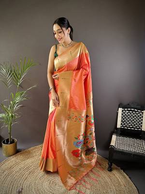 Orange silk Blend zari weaving butti kanchipuram saree 1