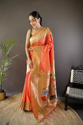 Orange silk Blend zari weaving butti kanchipuram saree