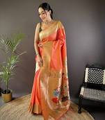 Orange silk Blend zari weaving butti kanchipuram saree