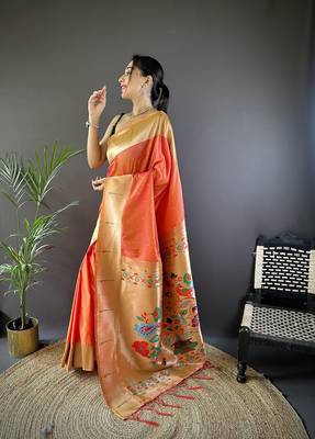 Orange silk Blend zari weaving butti kanchipuram saree 2
