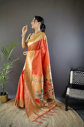 Orange silk Blend zari weaving butti kanchipuram saree