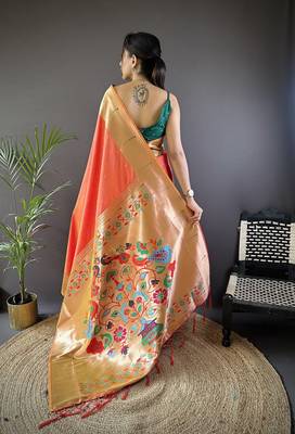 Orange silk Blend zari weaving butti kanchipuram saree 3