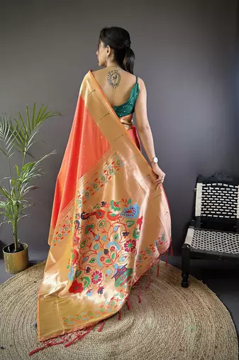 Orange silk Blend zari weaving butti kanchipuram saree