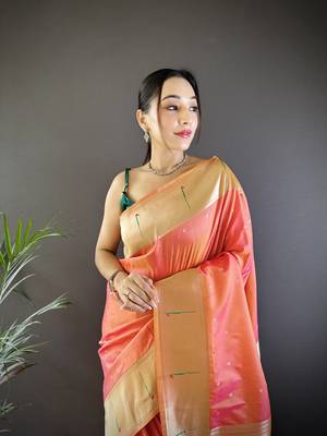 Orange silk Blend zari weaving butti kanchipuram saree 4