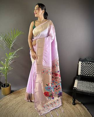Pale lavender silk Blend zari weaving butti kanchipuram saree 1