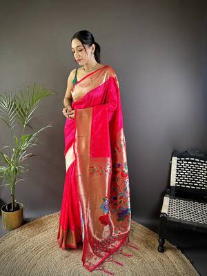 Pink silk Blend zari weaving butti kanchipuram saree 1