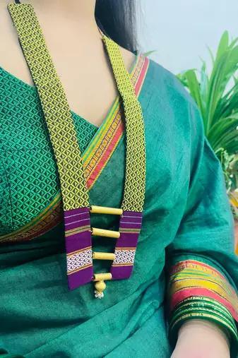 L.green handloom fabric long necklace