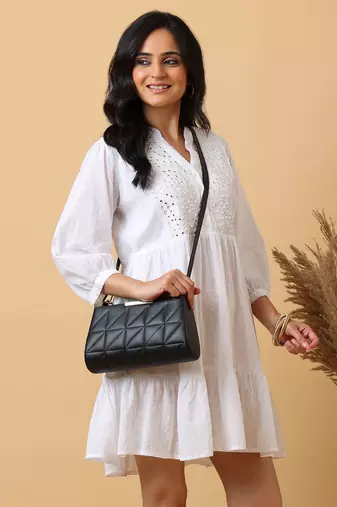 Women’s cotton embroidered a-line mini dress | 3/4 sleeve tiered short dress