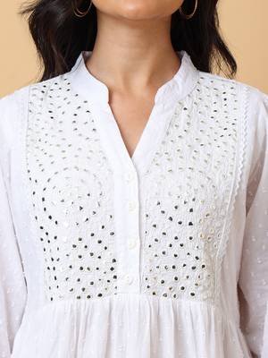 white cotton embroidered tiered a-line mini dress for women 3