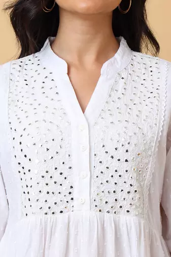 white cotton embroidered tiered a-line mini dress for women