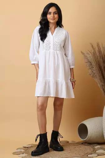 white cotton embroidered tiered a-line mini dress for women