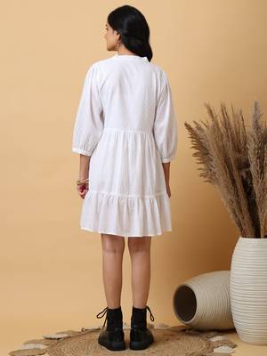 white cotton embroidered tiered a-line mini dress for women 5