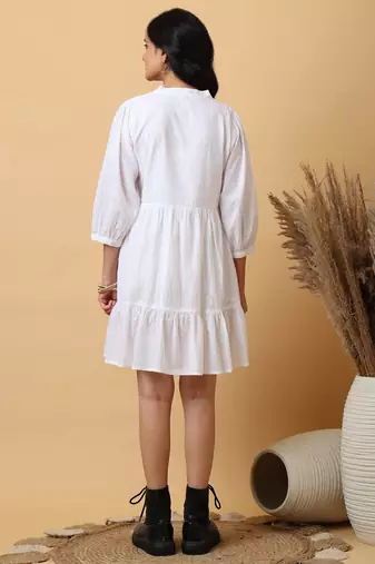 white cotton embroidered tiered a-line mini dress for women