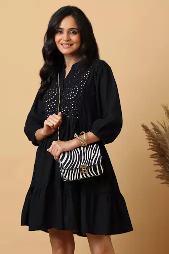 cotton embroidered a-line mini dress | 3/4 sleeve tiered short dress