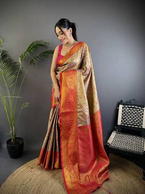 Copper silk leheriya meenakari zari weaves dharmavaram saree 1