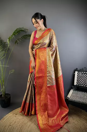 Copper silk leheriya meenakari zari weaves dharmavaram saree