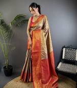 Copper silk leheriya meenakari zari weaves dharmavaram saree