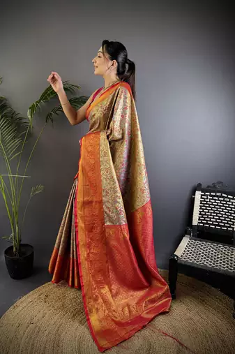 Copper silk leheriya meenakari zari weaves dharmavaram saree