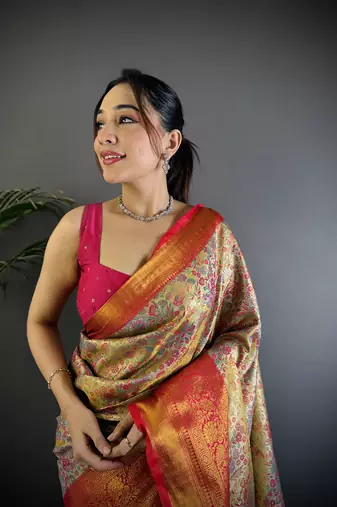 Copper silk leheriya meenakari zari weaves dharmavaram saree