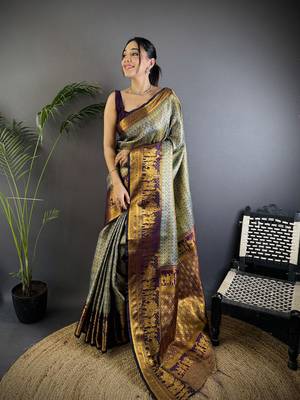 Grey silk leheriya meenakari zari weaves dharmavaram saree 1