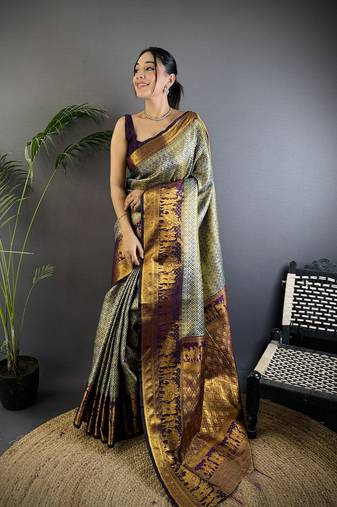 Grey silk leheriya meenakari zari weaves dharmavaram saree