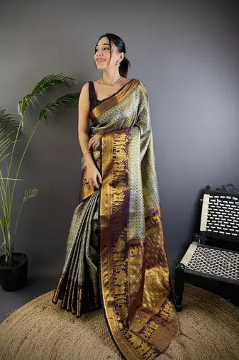 Grey silk leheriya meenakari zari weaves dharmavaram saree