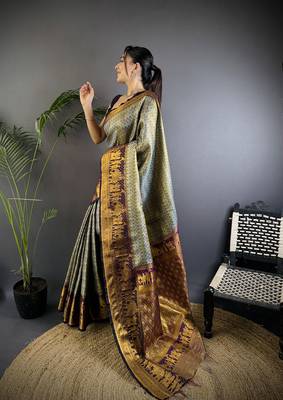Grey silk leheriya meenakari zari weaves dharmavaram saree 2