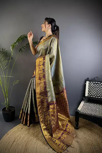 Grey silk leheriya meenakari zari weaves dharmavaram saree