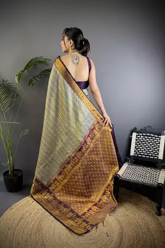 Grey silk leheriya meenakari zari weaves dharmavaram saree