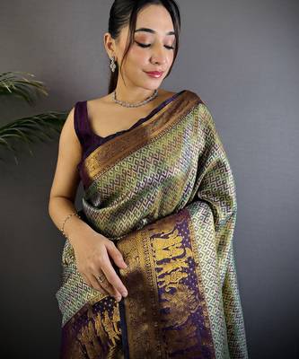 Grey silk leheriya meenakari zari weaves dharmavaram saree 4
