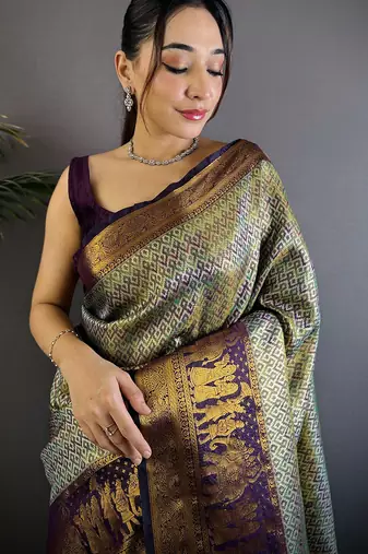 Grey silk leheriya meenakari zari weaves dharmavaram saree