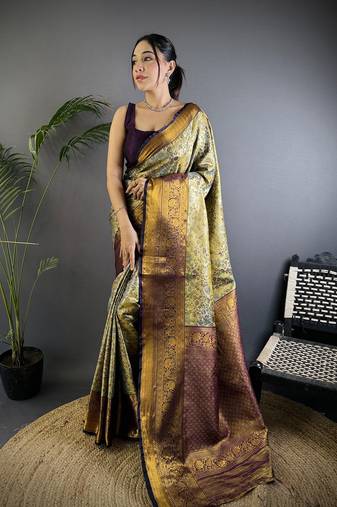 Grey silk leheriya meenakari zari weaves dharmavaram saree