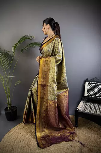 Grey silk leheriya meenakari zari weaves dharmavaram saree