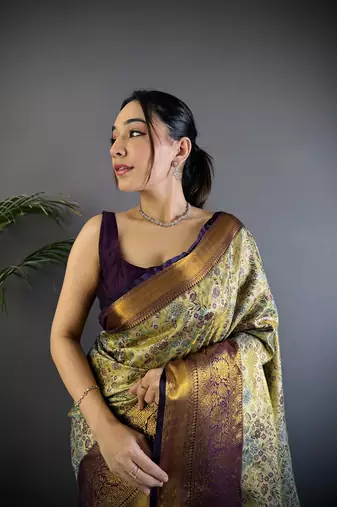 Grey silk leheriya meenakari zari weaves dharmavaram saree